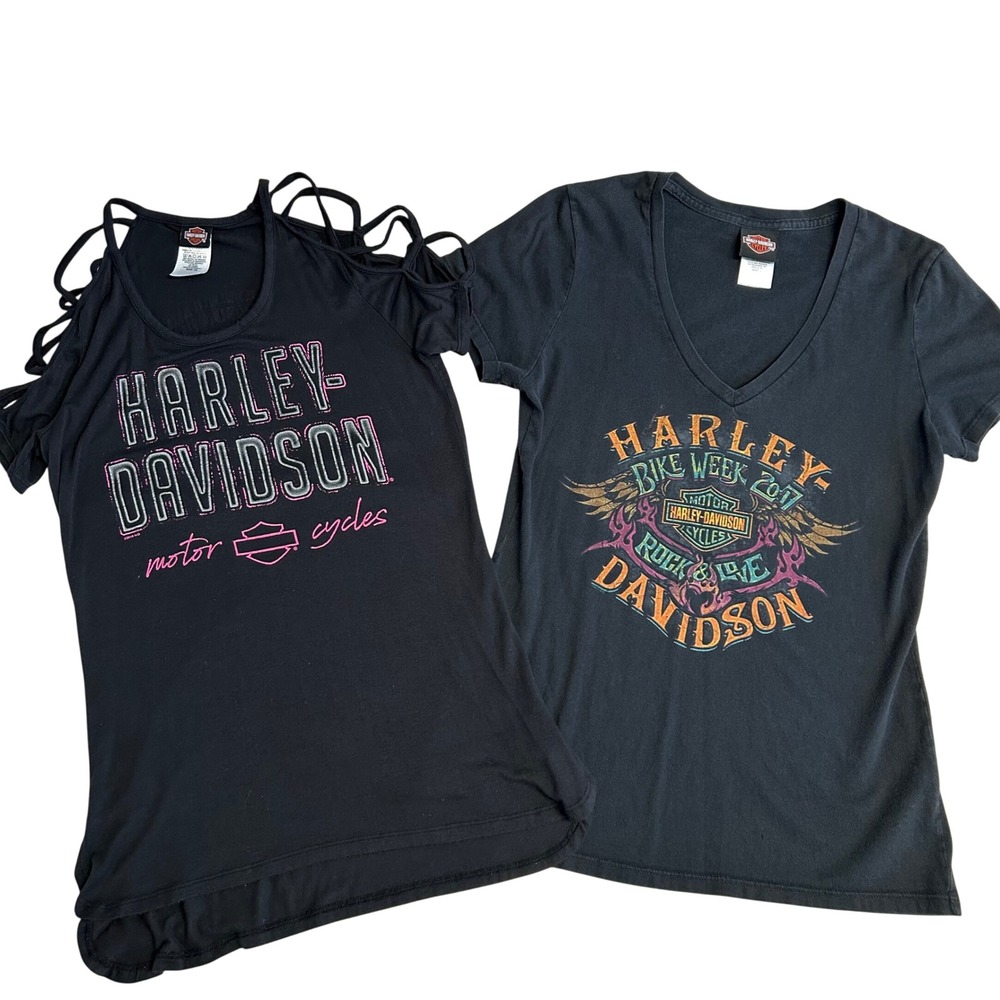 Harley-Davidson Womens Medium 2pc Lot Orlando Bike V-Neck Tee Cold Shoulder Tank
